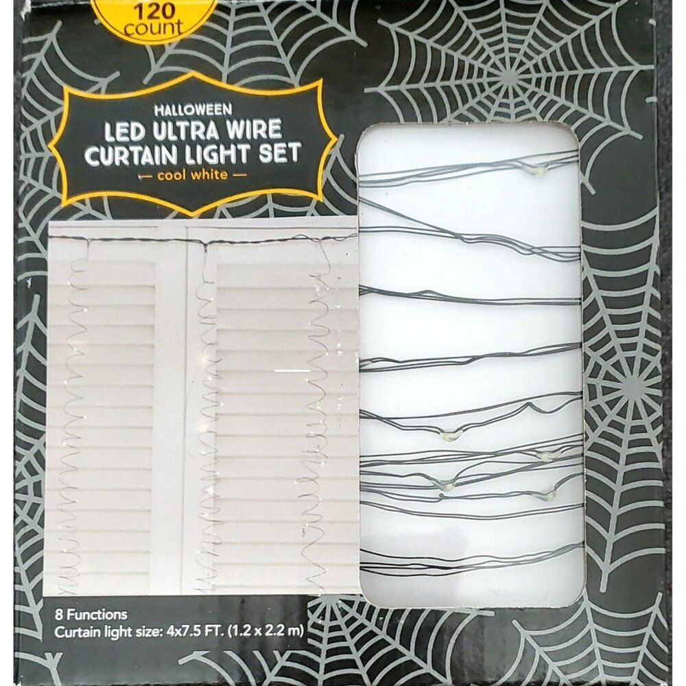 New Halloween LED Wire Curtain 120 Light Set Electric 8 Functions Clear White